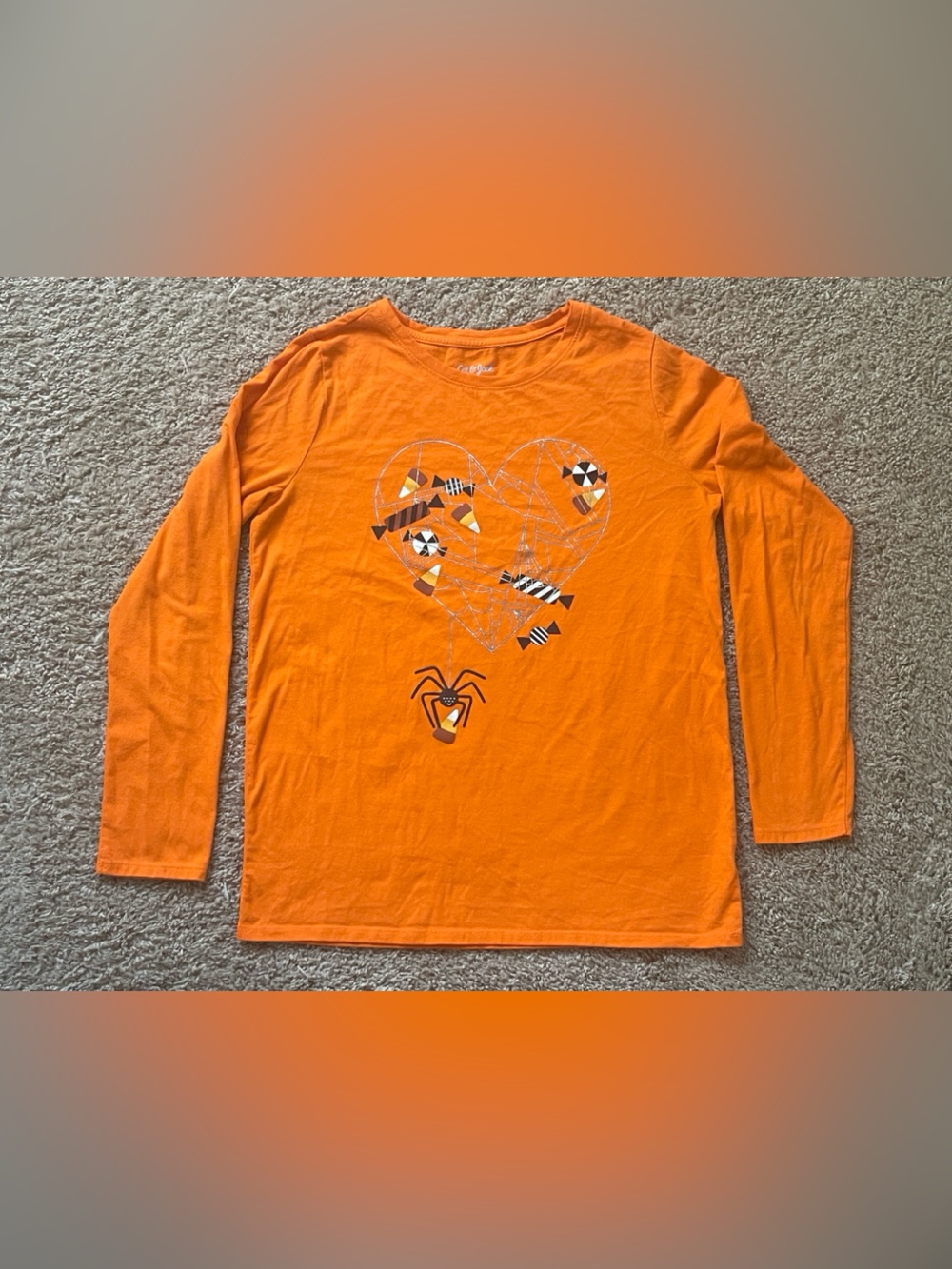 Cat & Jack Orange Long-Sleeve Halloween Graphic Tee w/ Candy & Spiders XL 14/16